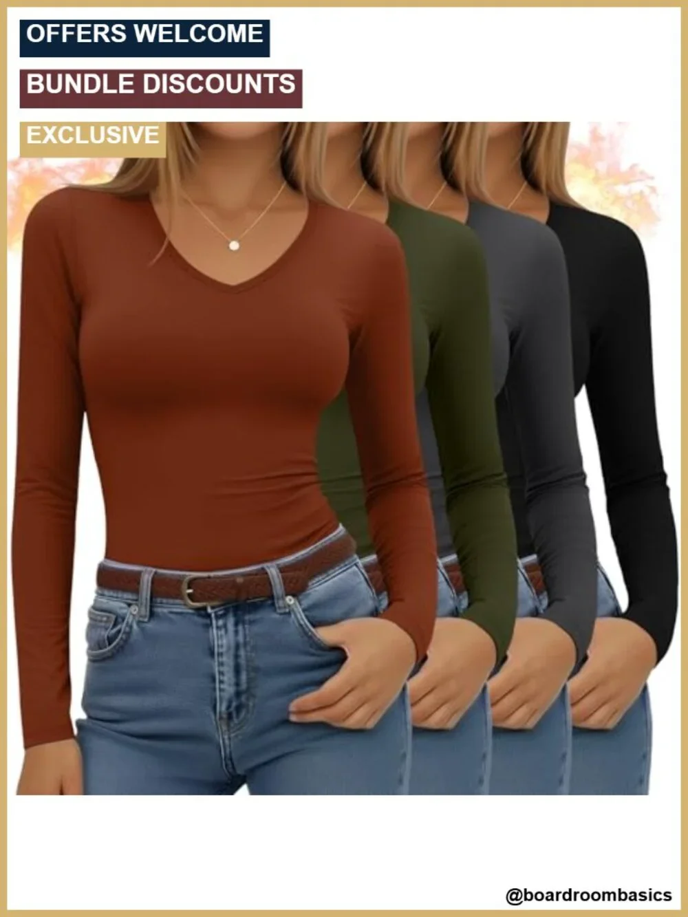 4 Pack Women's Fleece Thermal Long Sleeve V-Neck Tops with Spandex